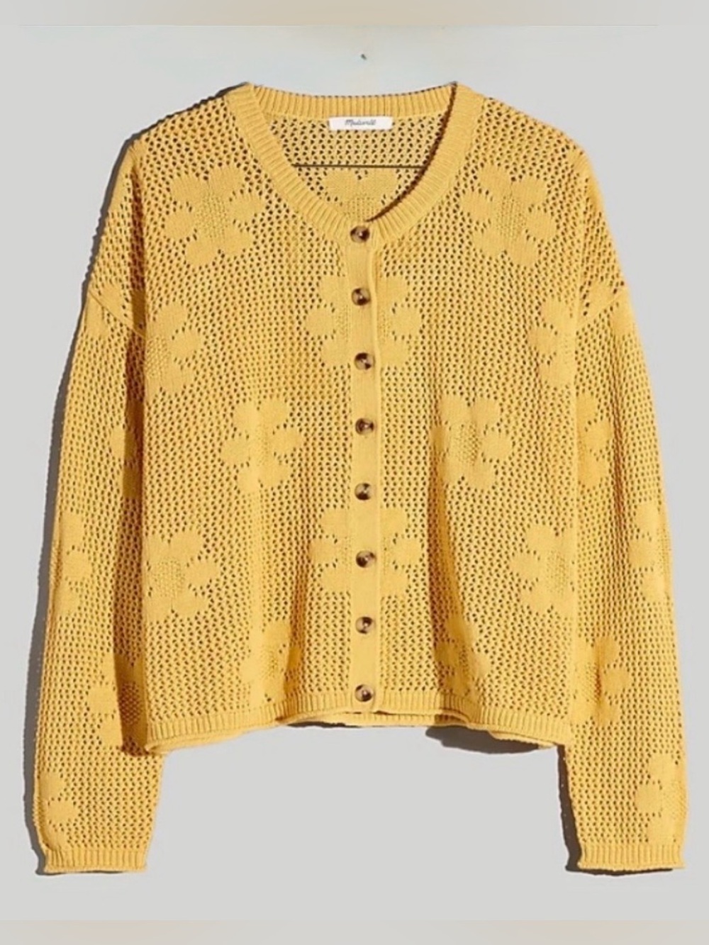 Madewell Women Gold Floral Open-Stitch Button Front Cardigan Sweater Size Large